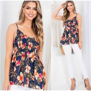 NWOT Ruched Tropical Hibiscus Print Babydoll Style Cami Top